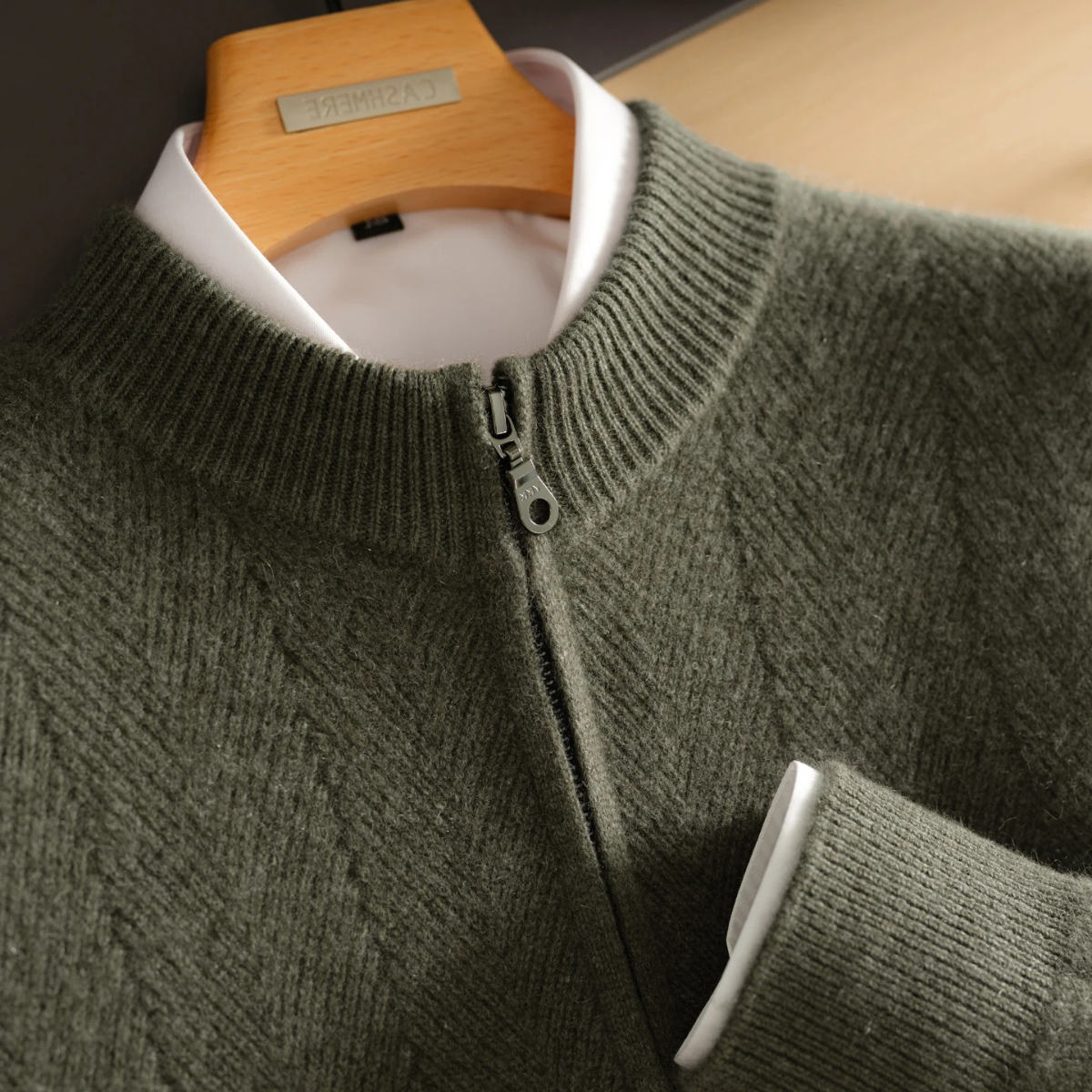 Axel | Men's Crew Neck Zip Up Cardigan Gray Herringbone Knit