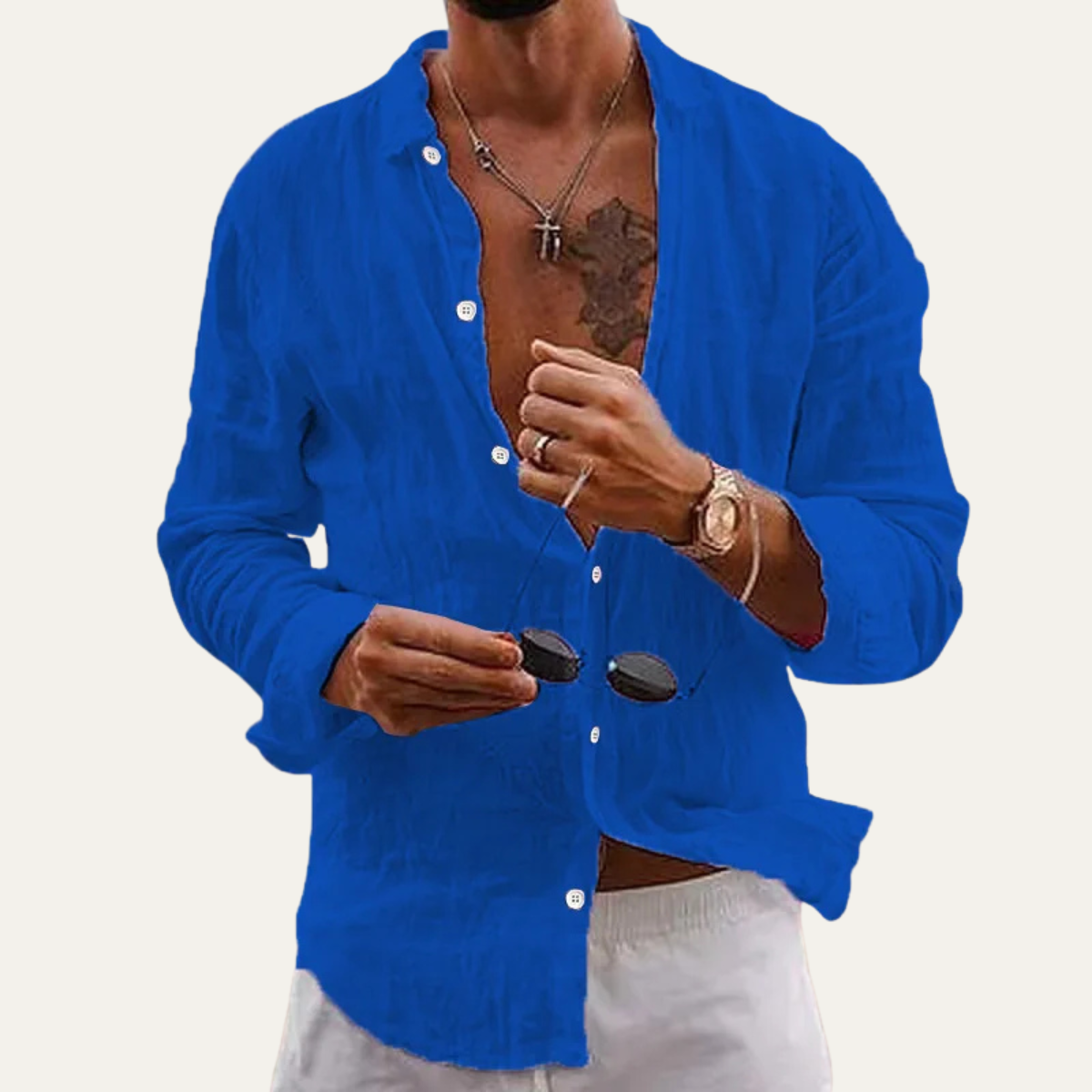 Luca | Men's Linen Button Up Shirt Cream Long Sleeve