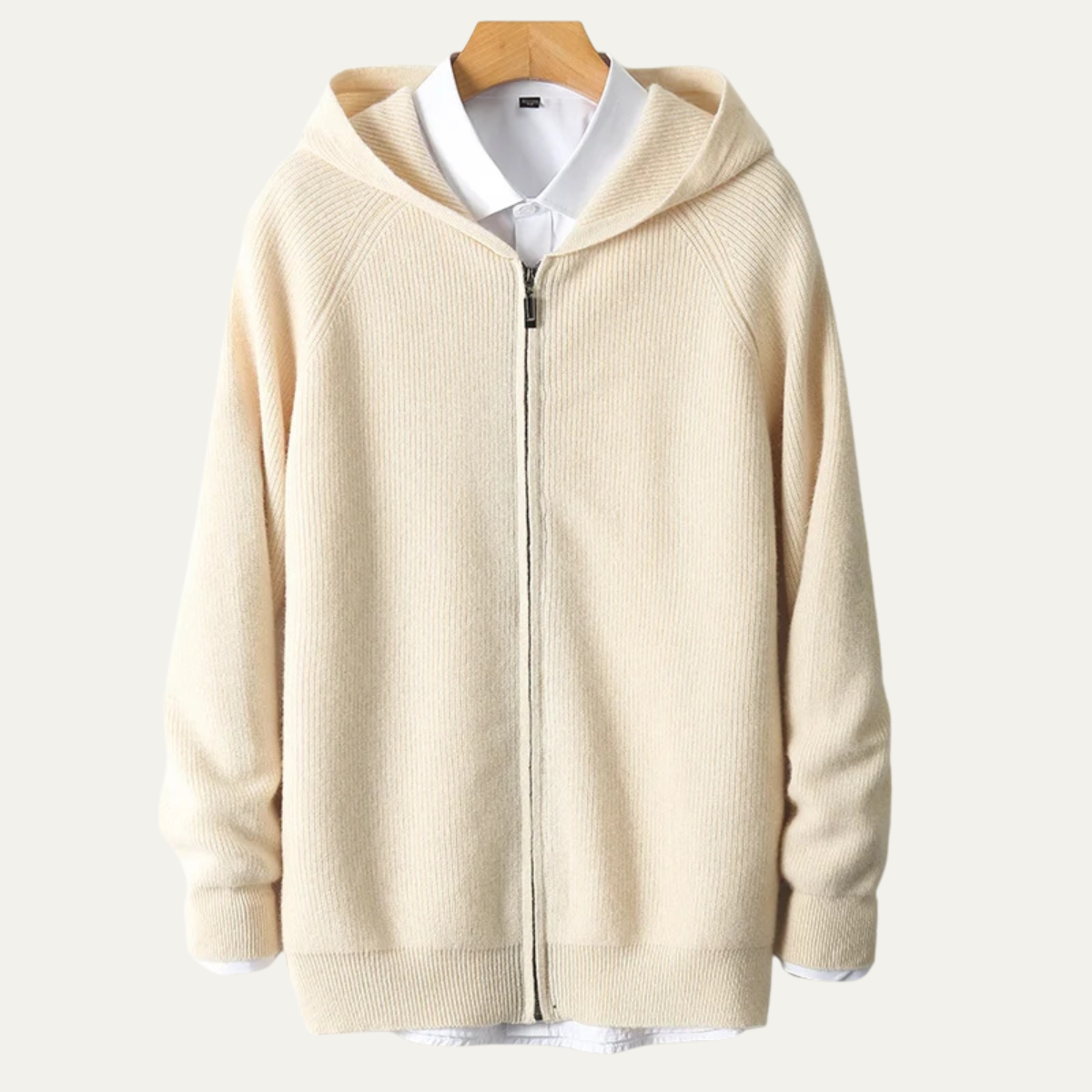 Callum | Men's Ribbed Hooded Zip Up Cardigan Cream