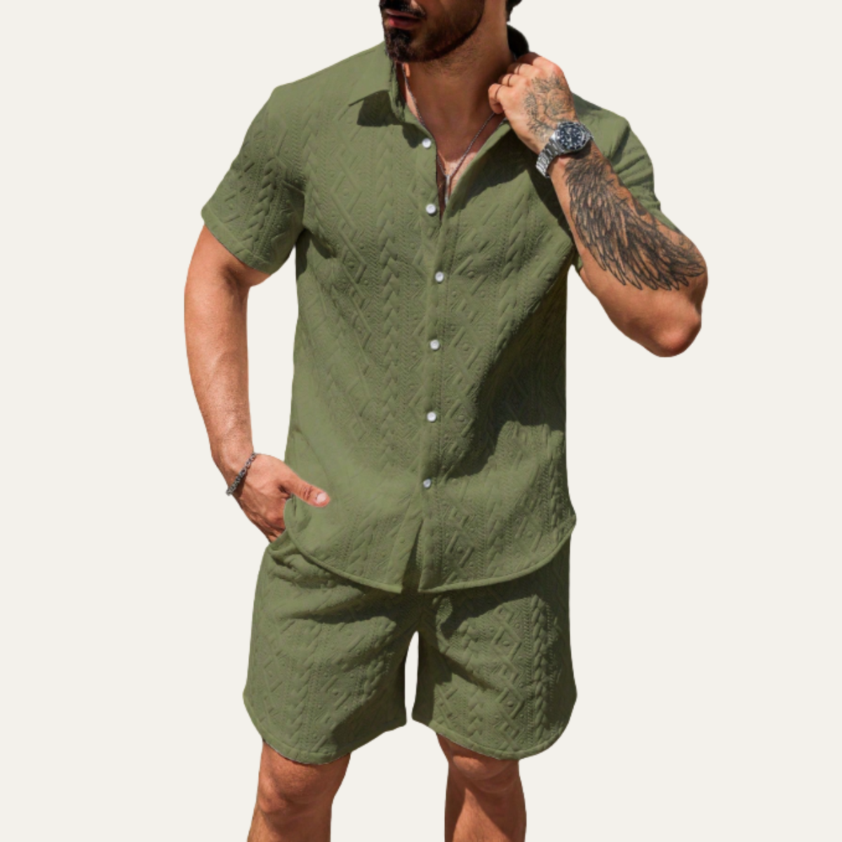 Kai | Men's Textured Cable Knit Sweatsuit Cream Short Sleeve
