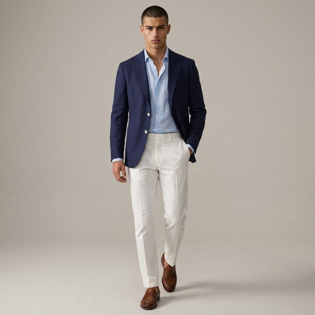 Dama Washington Sage navy blazer and white pants two-piece set - full outfit model view