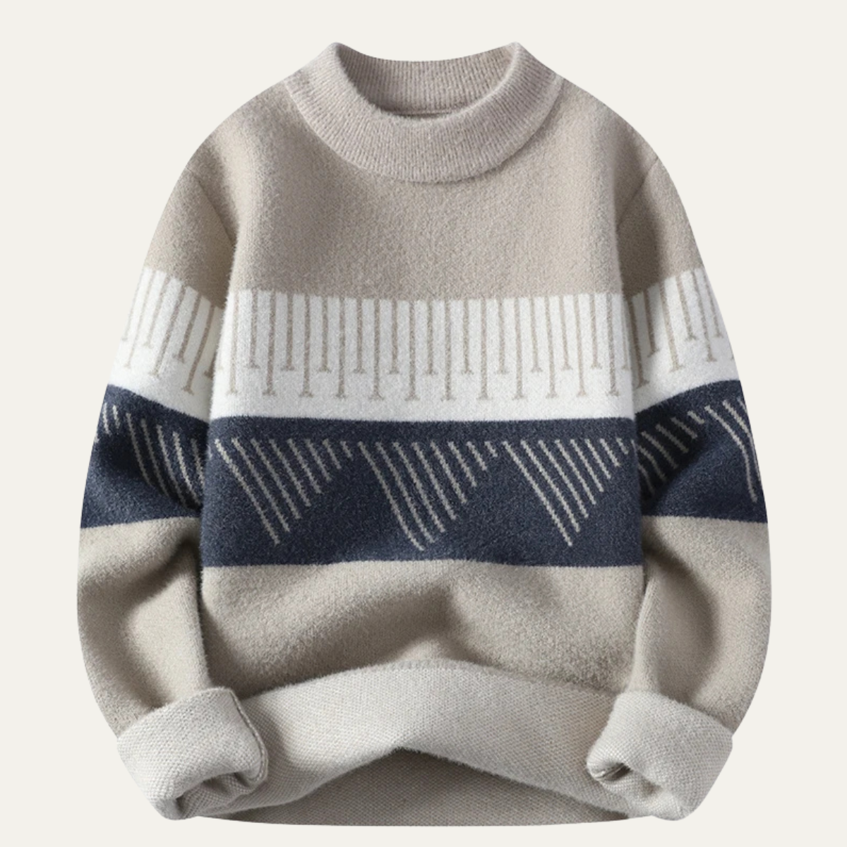 Beau | Men's Crew Neck Sweater Cream Navy White Colorblock