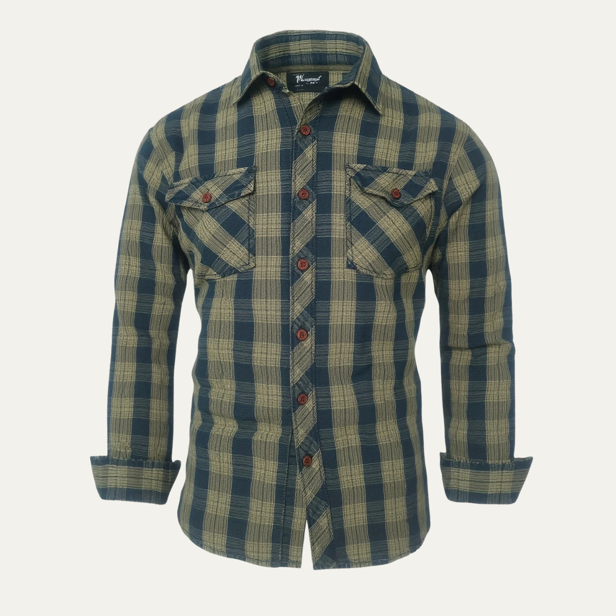 Kai | Men's Flannel Shirt Navy Cream Plaid Long Sleeve