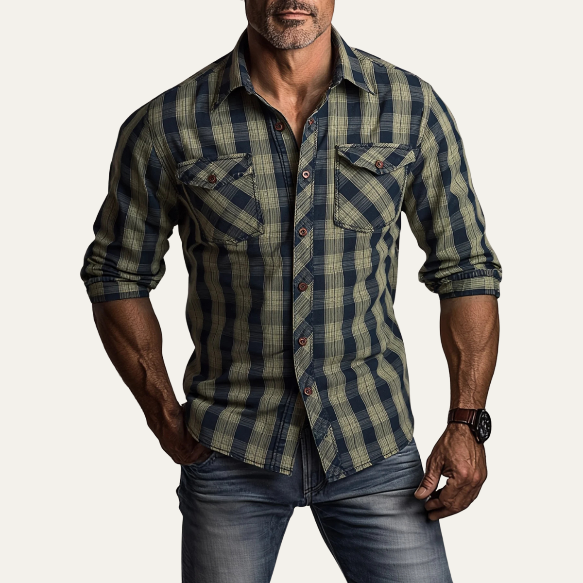 Kai | Men's Flannel Shirt Navy Cream Plaid Long Sleeve