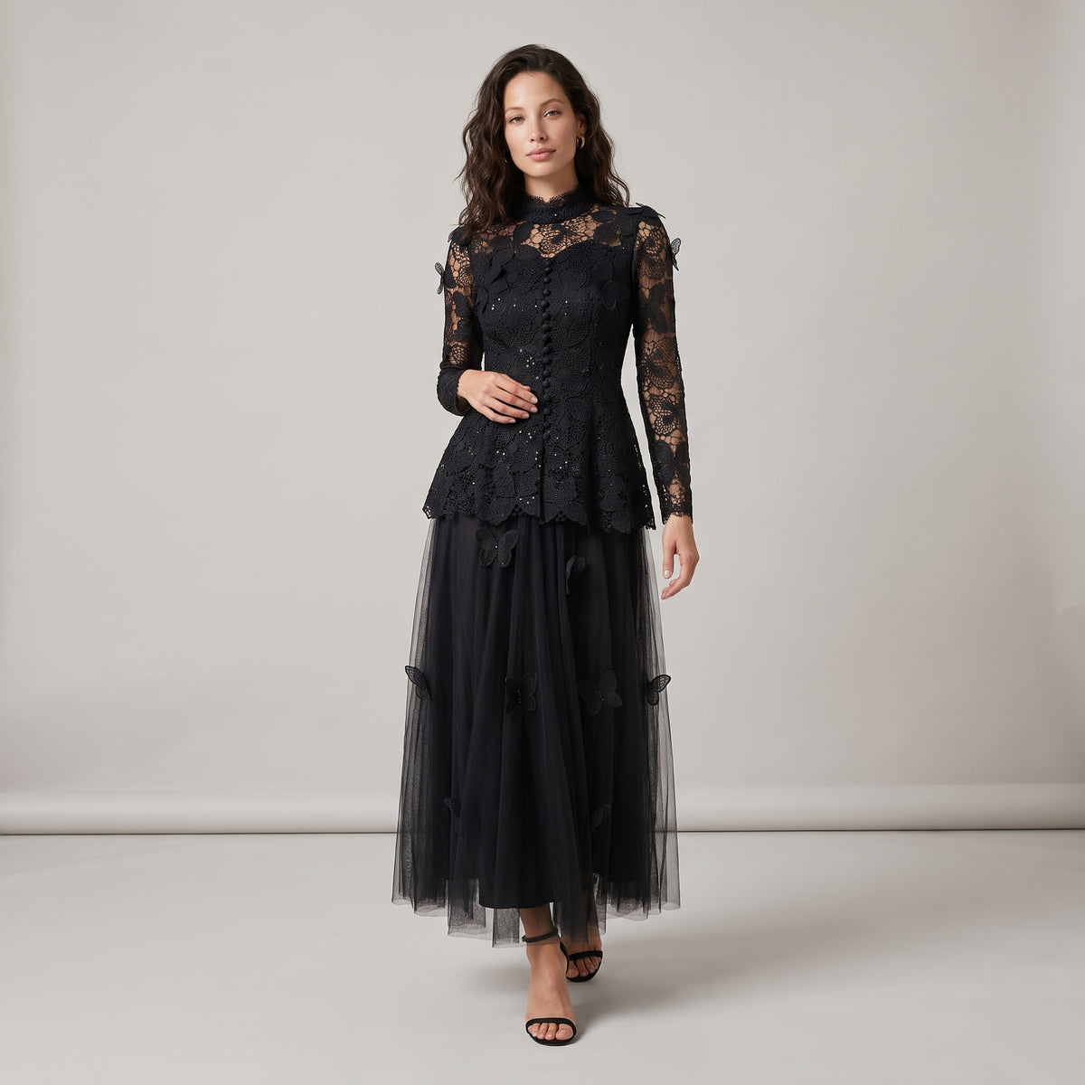 Dama Washington Rue women's long sleeve lace maxi dress black - model front view