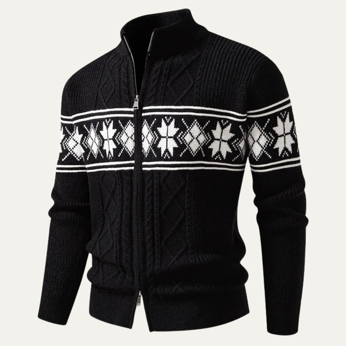 Axel | Men's Cable Knit Zip Up Cardigan Black Nordic Pattern