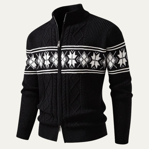 Dama Washington Axel men's cable knit zip up cardigan black nordic pattern - front view