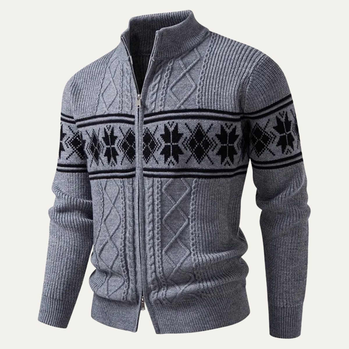 Axel | Men's Cable Knit Zip Up Cardigan Black Nordic Pattern