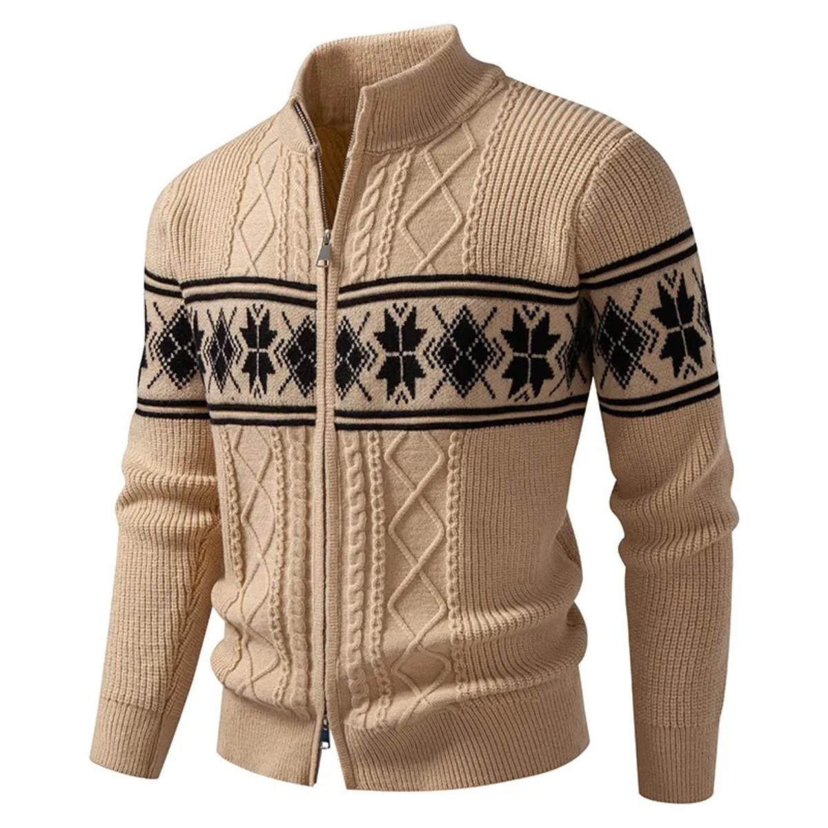 Axel | Men's Cable Knit Zip Up Cardigan Black Nordic Pattern