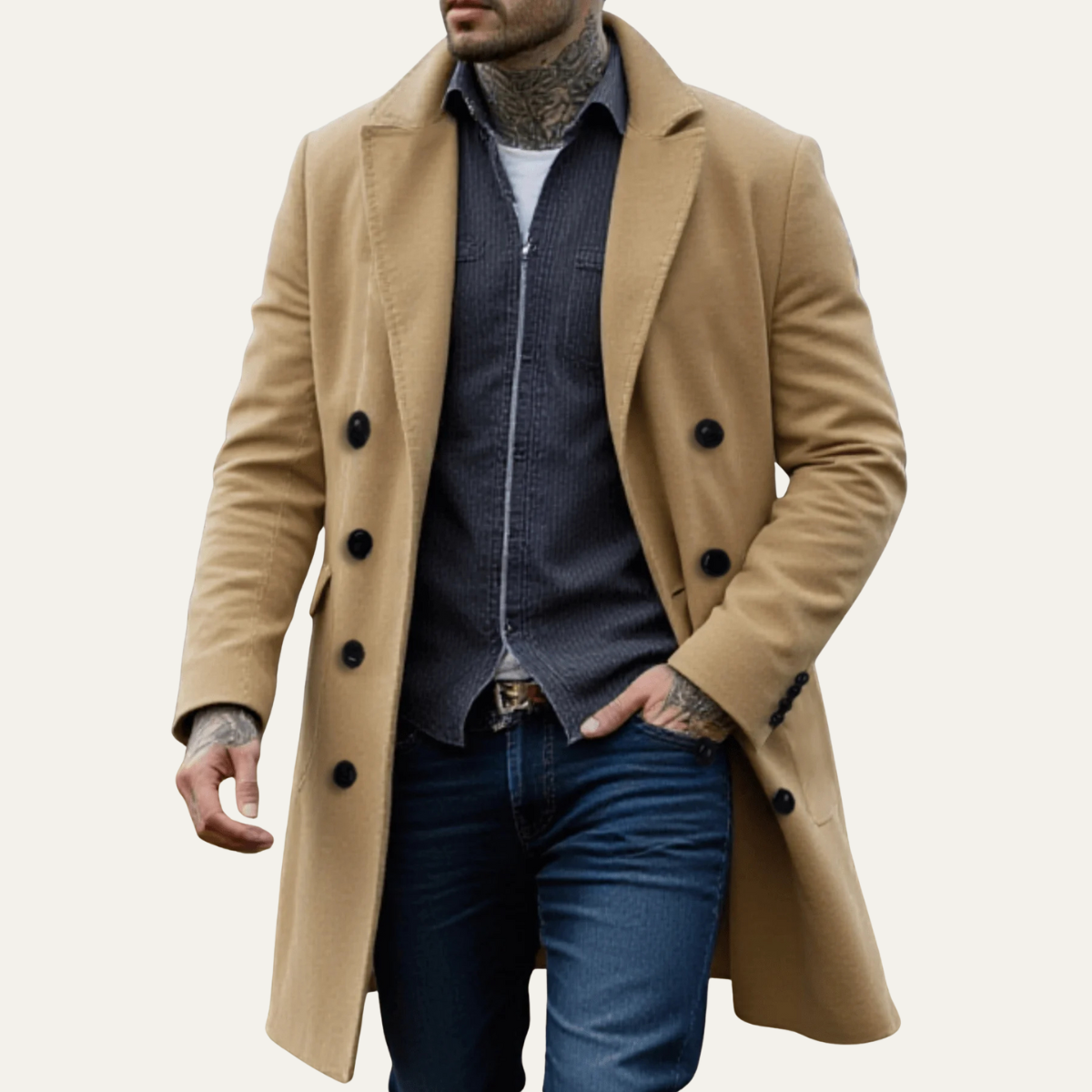 Voss | Men's Double Breasted Wool Coat Cream Long