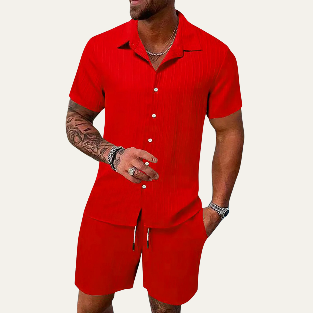 Axel | Men's Sweatsuit Red Short Sleeve Button Up Shirt Shorts Set
