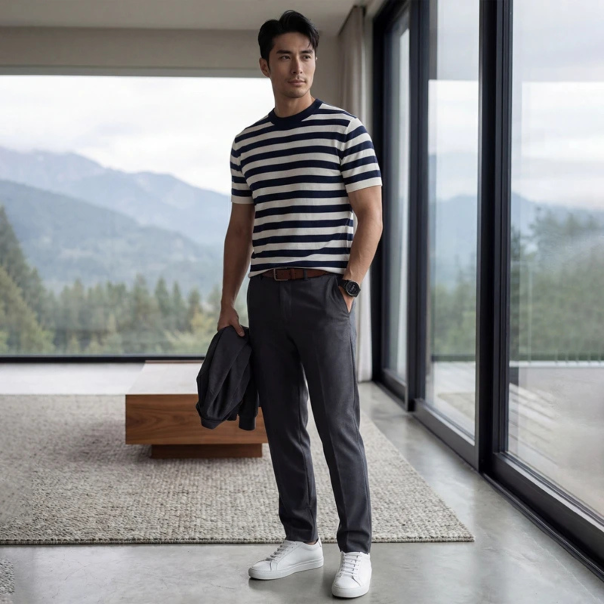Sage | Men's Striped Crew Neck Sweater Navy White