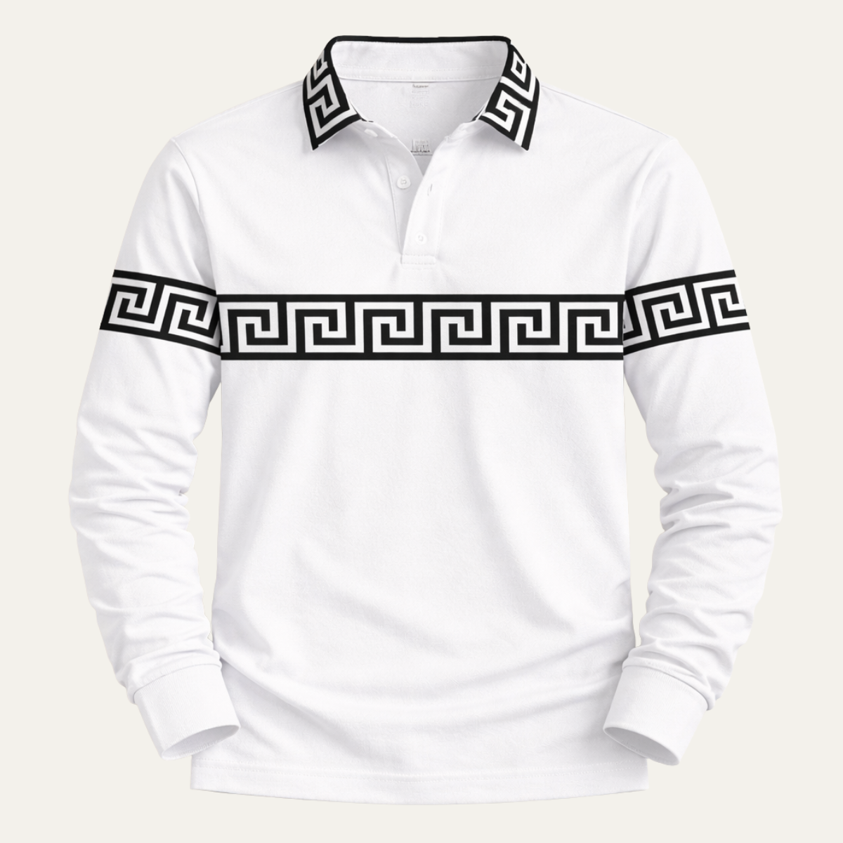 Kai | Men's Greek Key Polo Shirt White Long Sleeve