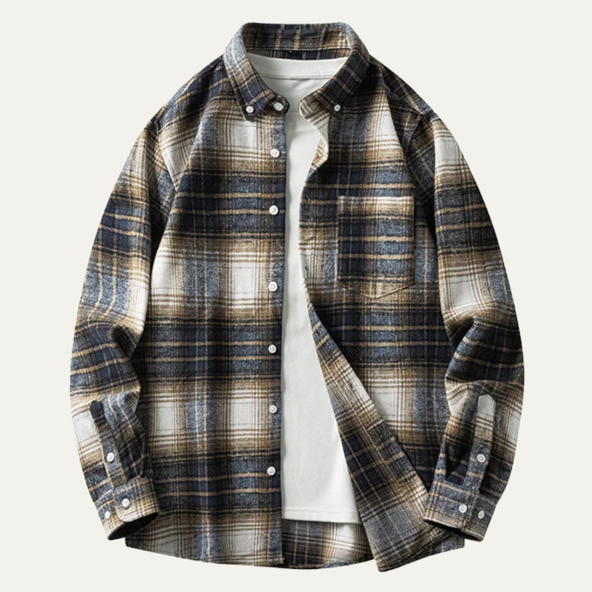 Ash | Men's Casual Plaid Flannel Shirt Navy Brown