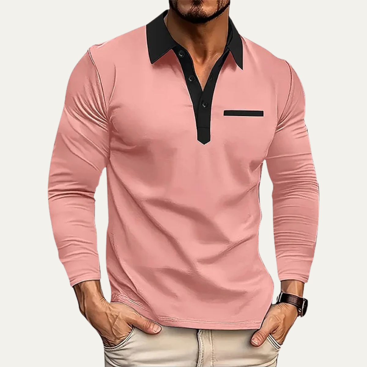 Bram | Men's Fitted Polo Shirt Cream Black Collar Long Sleeve