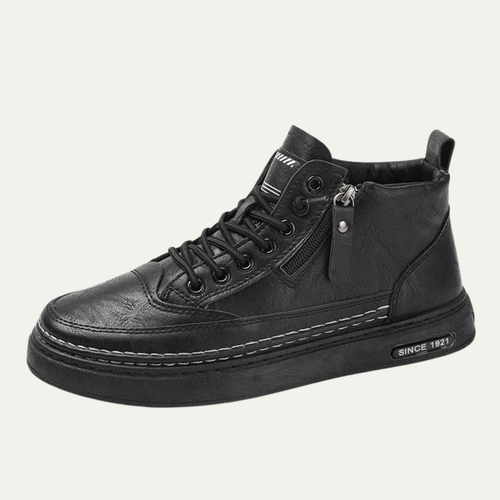 Dama Washington Axel men's black leather high top sneaker side zip - front view