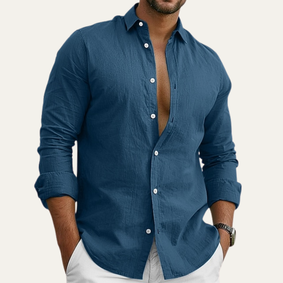 Luca | Men's Linen Button Up Shirt Cream Long Sleeve