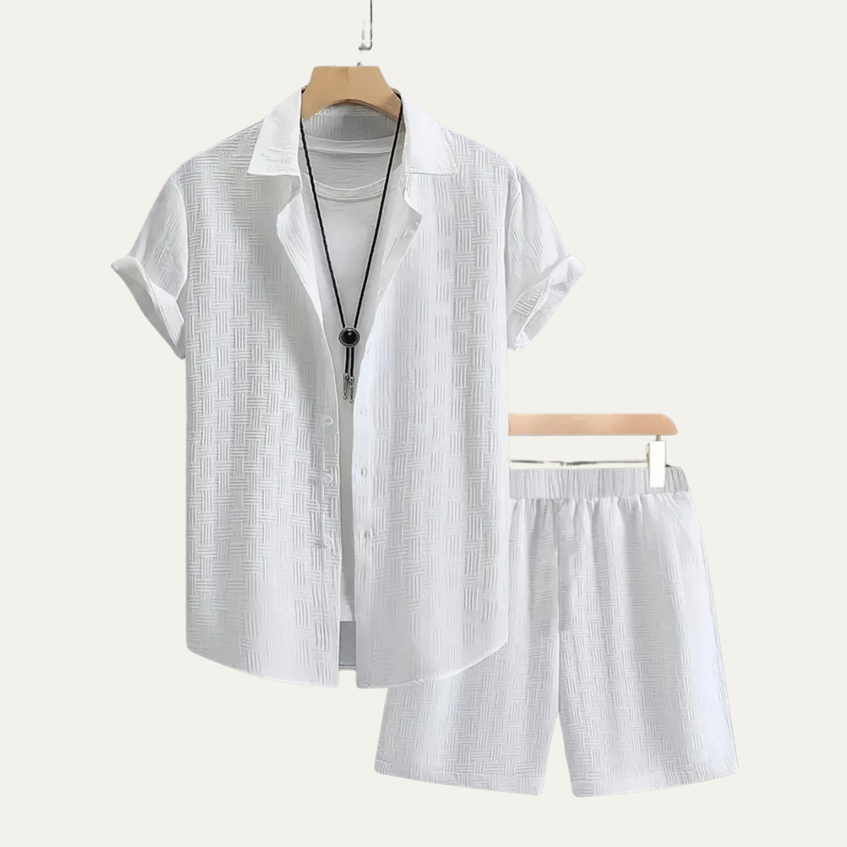 Bram | Men's Sweatsuit White Textured Button Up Short Sleeve