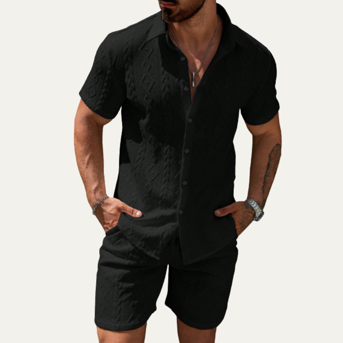 Kai | Men's Textured Cable Knit Sweatsuit Cream Short Sleeve