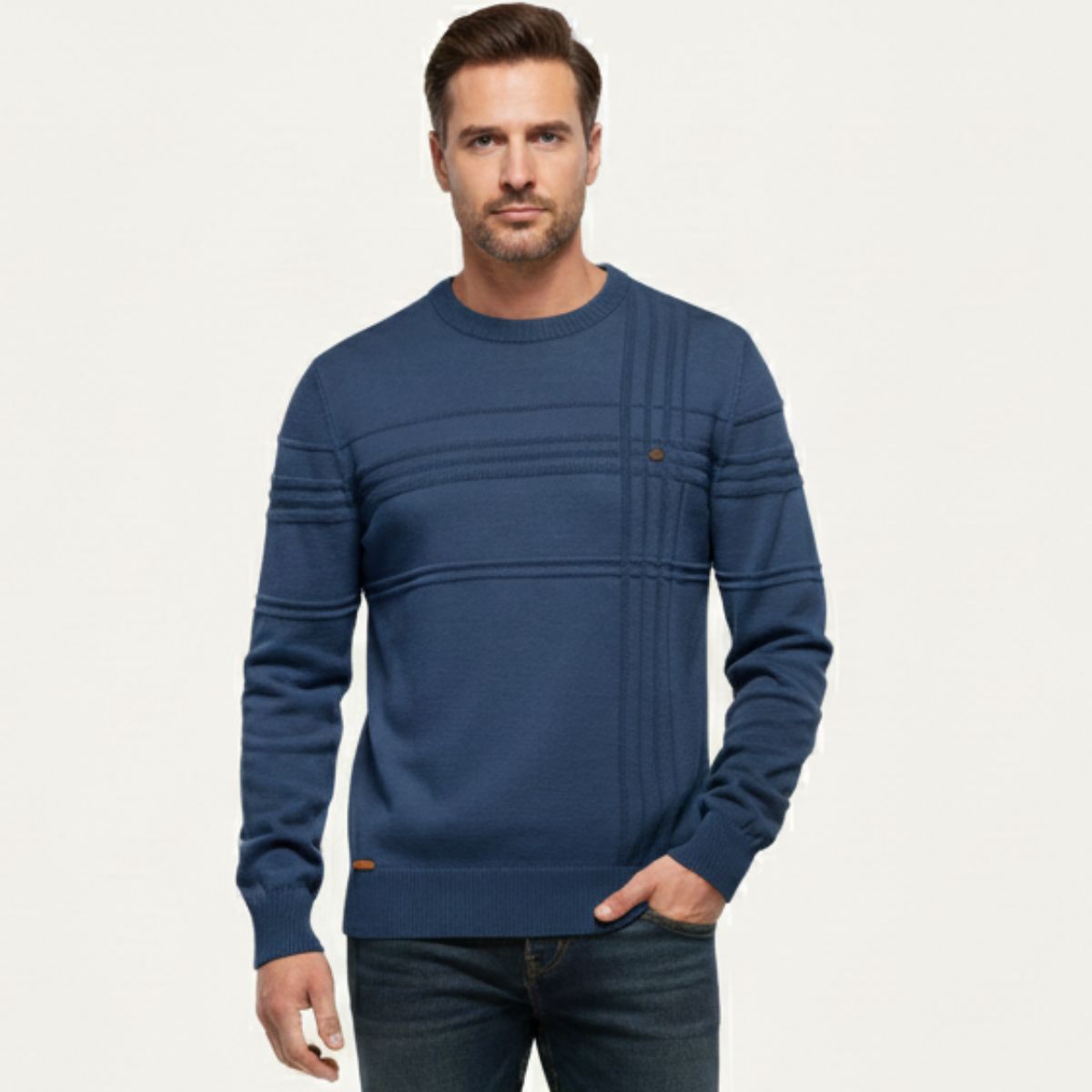 Bram | Men's Crew Neck Sweater Cream Cable Knit Long Sleeve