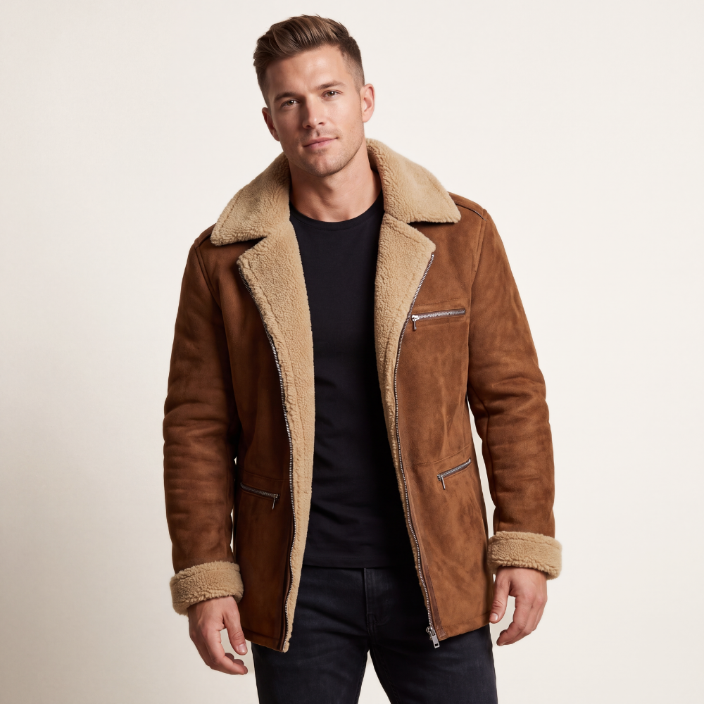 Bram | Men's Sherpa Lined Suede Jacket Brown