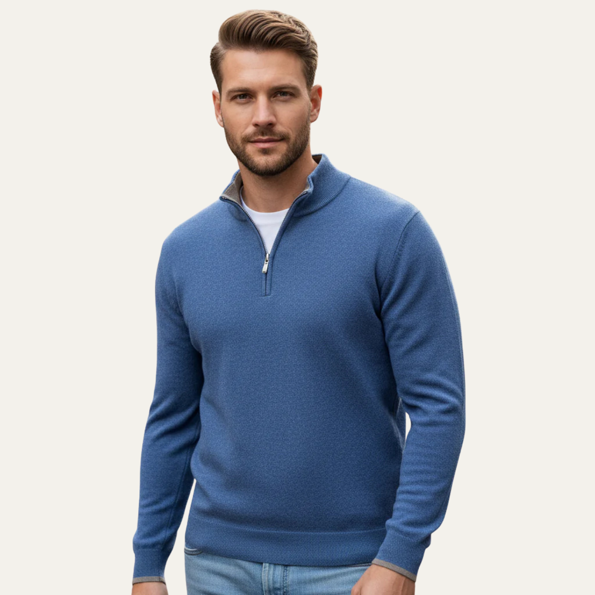 Dama Washington Kai men's quarter zip sweater blue cotton knit - front view