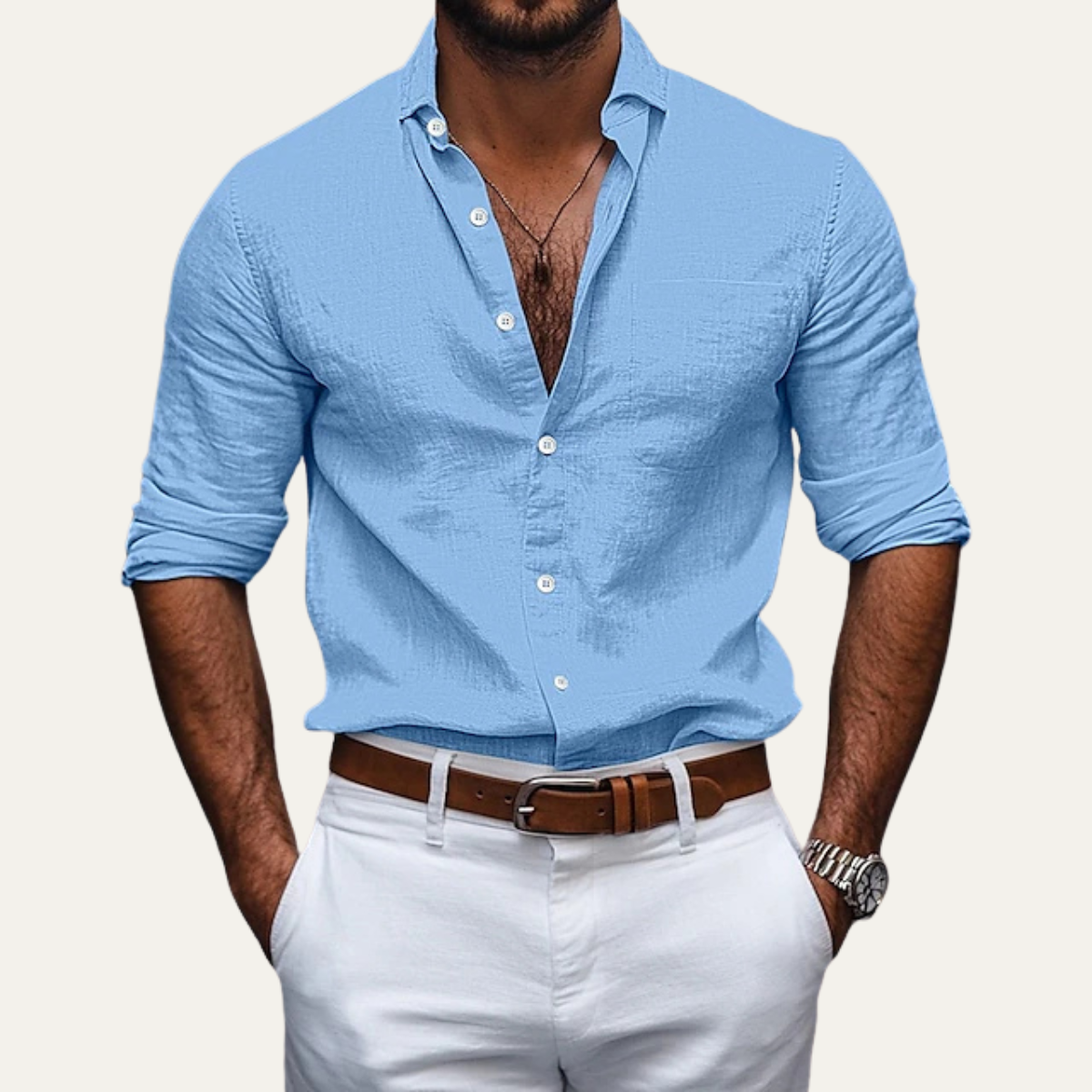 Beau | Men's Linen Button Up Shirt Light Blue Long Sleeve
