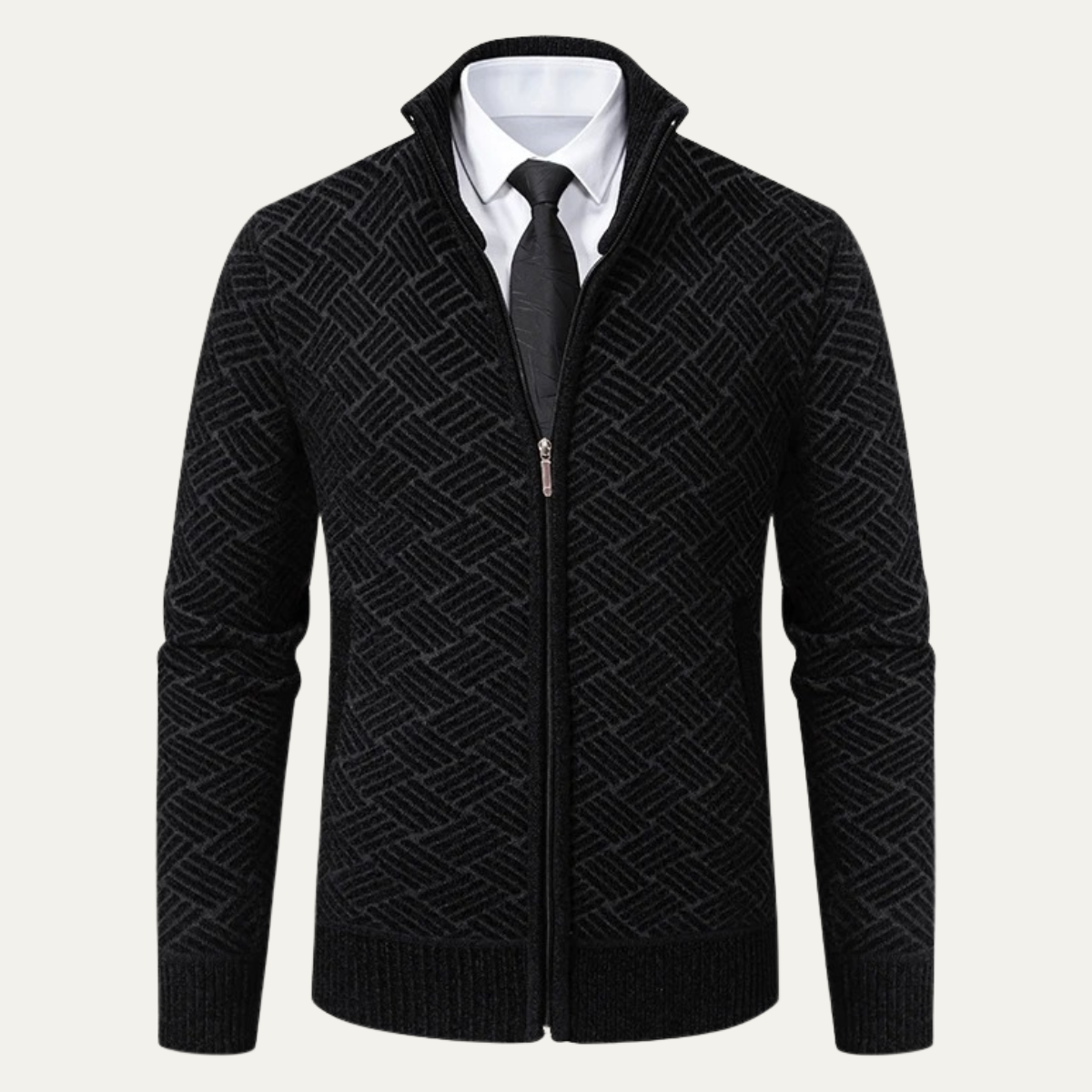 Sage | Men's Diamond Pattern Cardigan Black Zip Up
