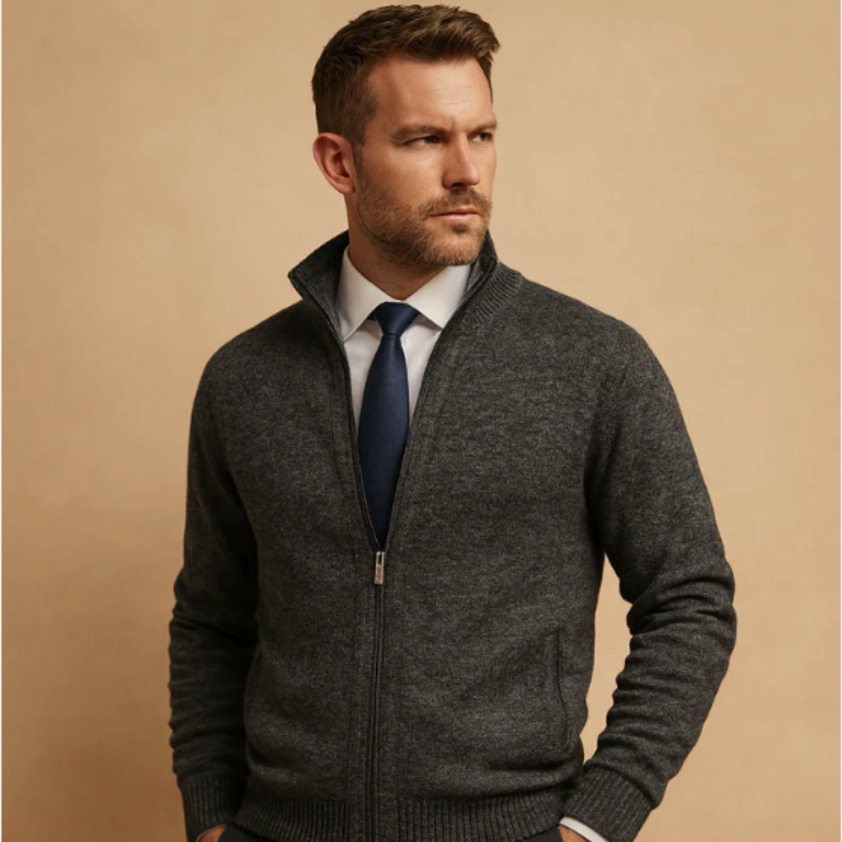Beau | Men's Wool Blend Zip Cardigan Cream Stand Collar