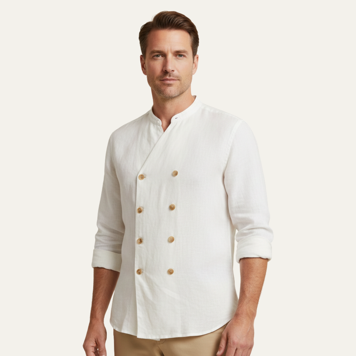 Kai | Men's Double Breasted Linen Shirt Cream Long Sleeve