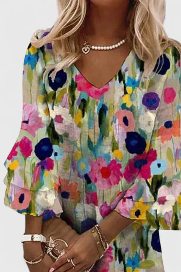 Nola | Women's Floral Print Dress Three Quarter Sleeve Multicolor