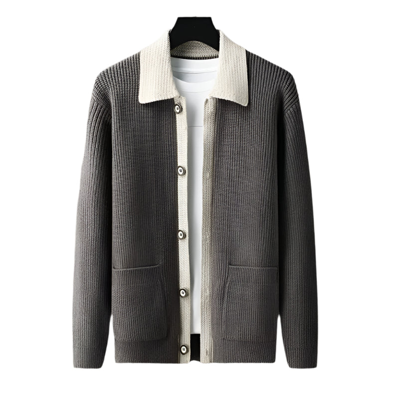 Axel | Men's Collared Cardigan Sweater Black Cream Knit