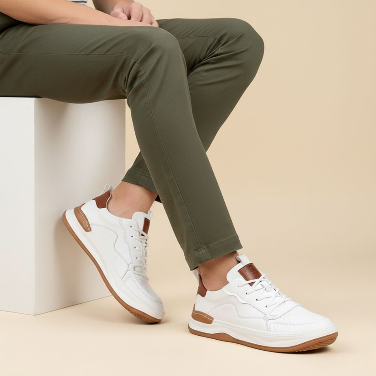 Kai | Men's Leather Low Top Sneaker Sage Green Cream Sole