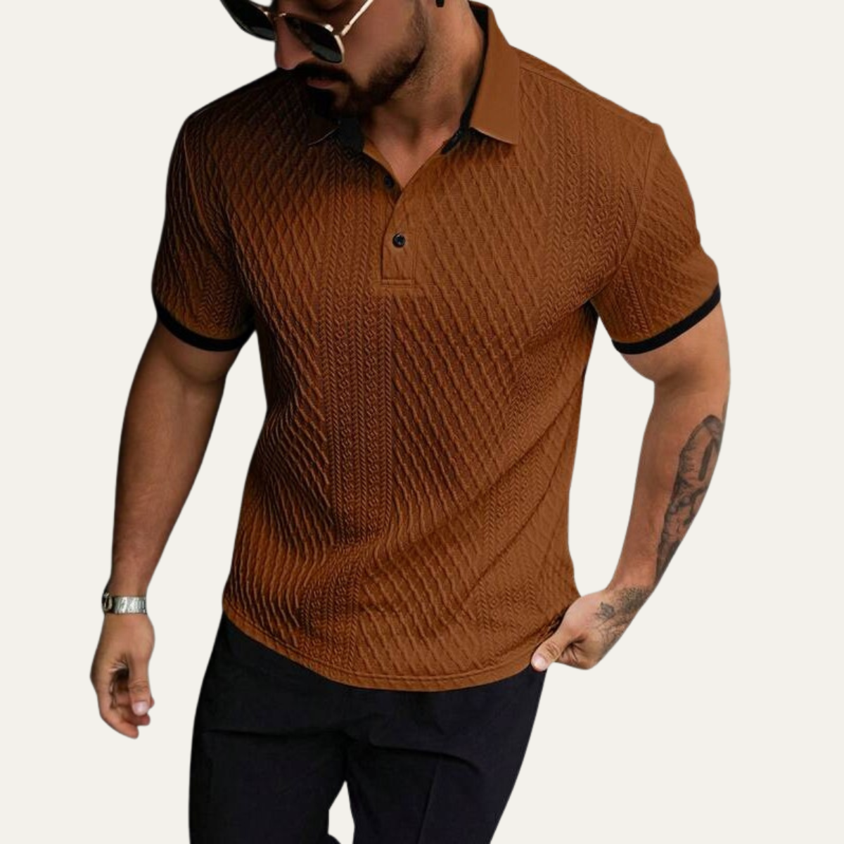 Beau | Men's Textured Polo Shirt Brown Contrast Trim