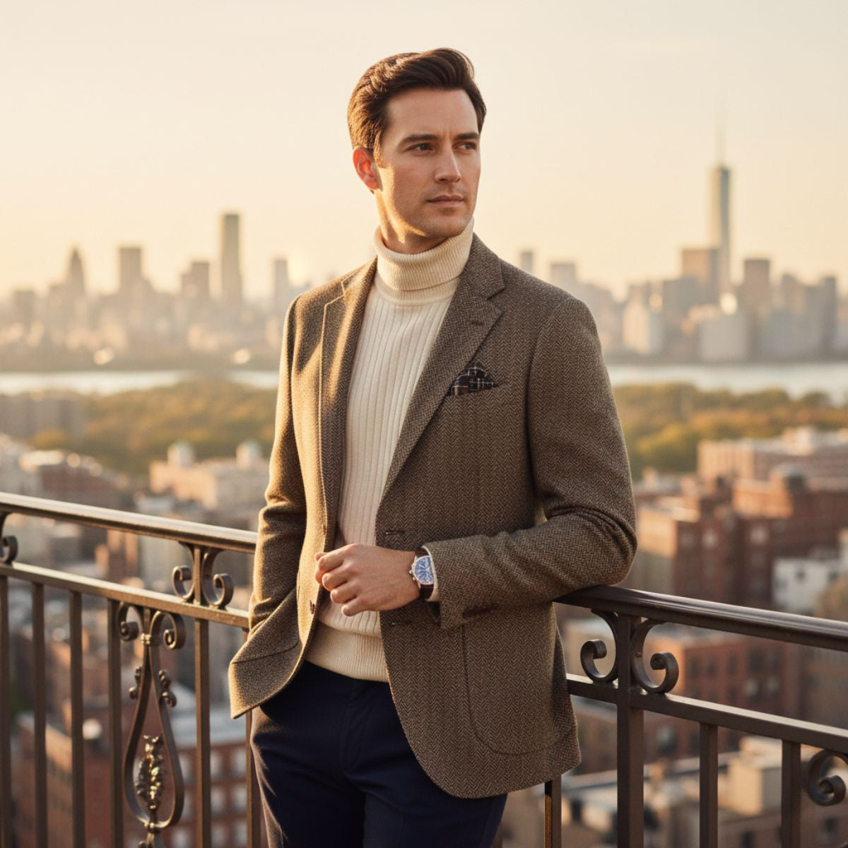 Evan | Men's Navy Herringbone Wool Blazer Single Breasted
