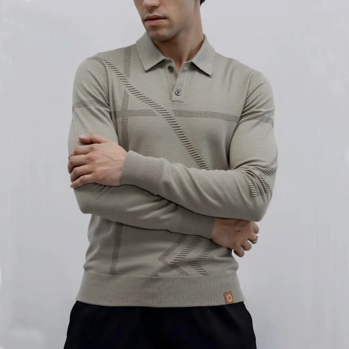 Wade | Men's Lightweight Polo Sweater Gray Geometric Pattern Long Sleeve