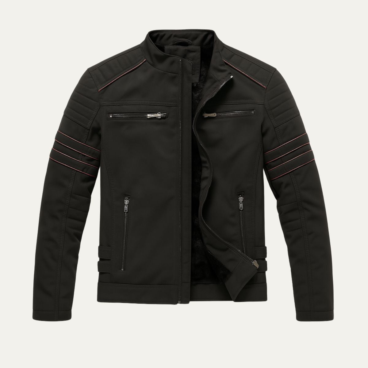 Bram | Men's Moto Jacket Black Quilted Sleeve Stripe