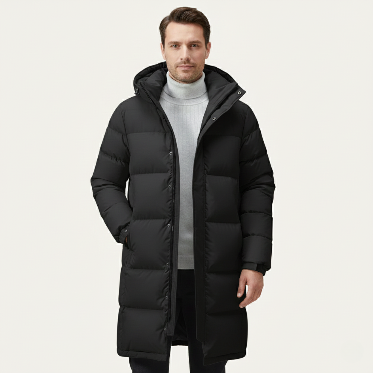 Wyatt | Men's Puffer Jacket Cream Hooded Longline