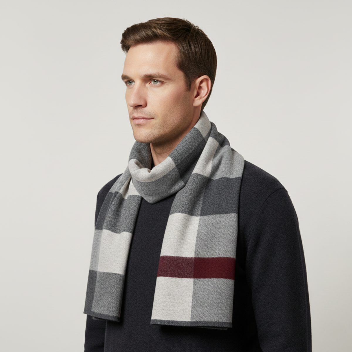 Bram | Men's Plaid Knit Scarf Gray Black Cream