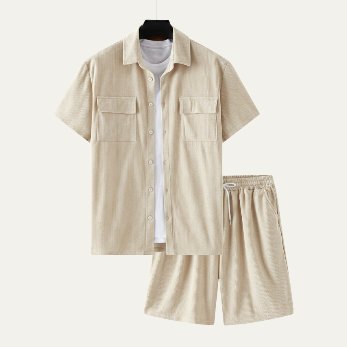 Beau | Men's Casual Corduroy Shorts Set Tan Short Sleeve