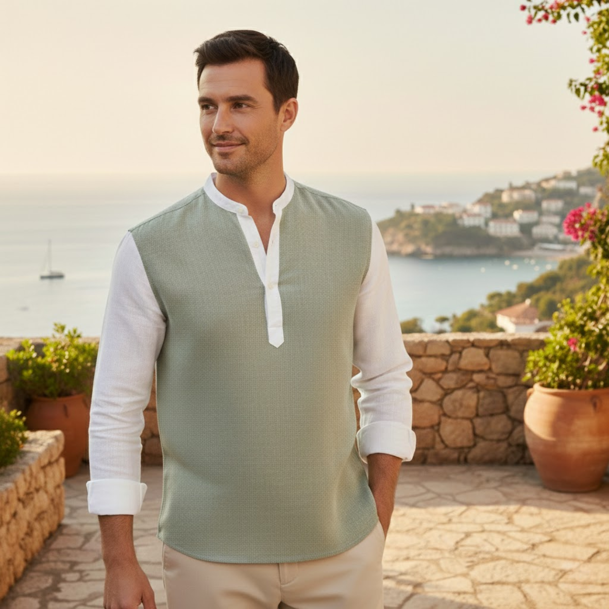 Lars | Men's Linen Shirt Sage Green Long Sleeve Henley