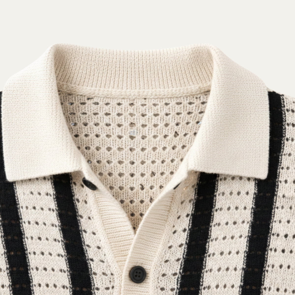 Orrin | Men's Striped Knit Polo Shirt Cream Black Short Sleeve