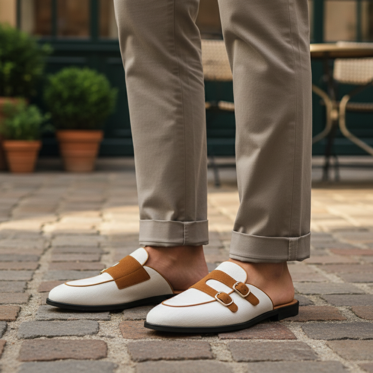 Marco | Men's Slip On Loafer White Canvas Brown Buckle