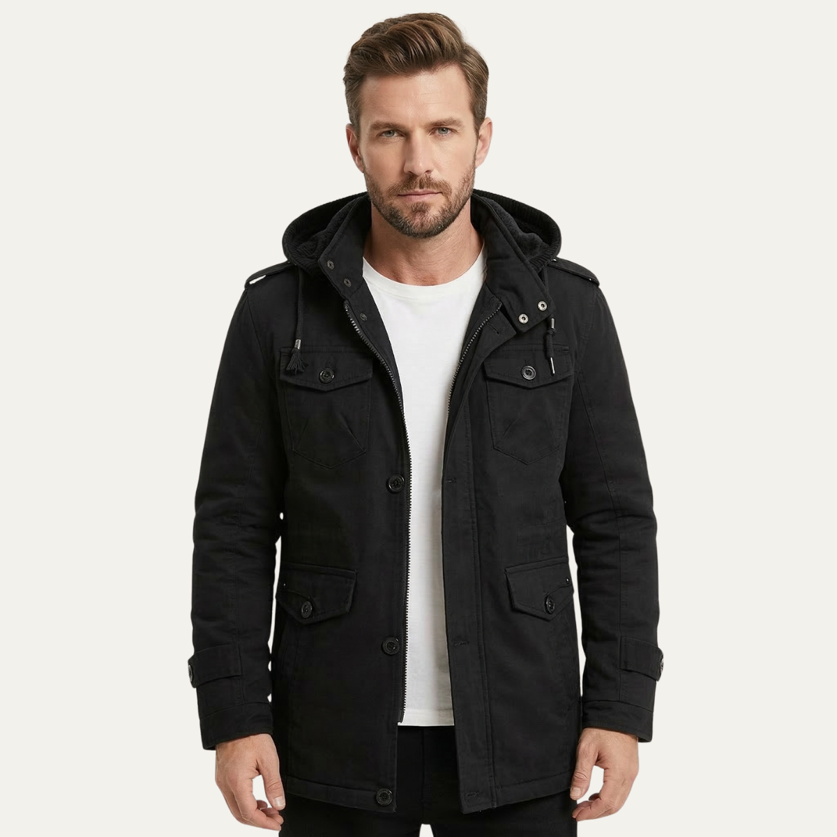 Luca | Men's Utility Jacket Khaki Fleece Lined Hooded