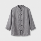 Camille | Women's Linen Shirt Green Mandarin Collar Button Up