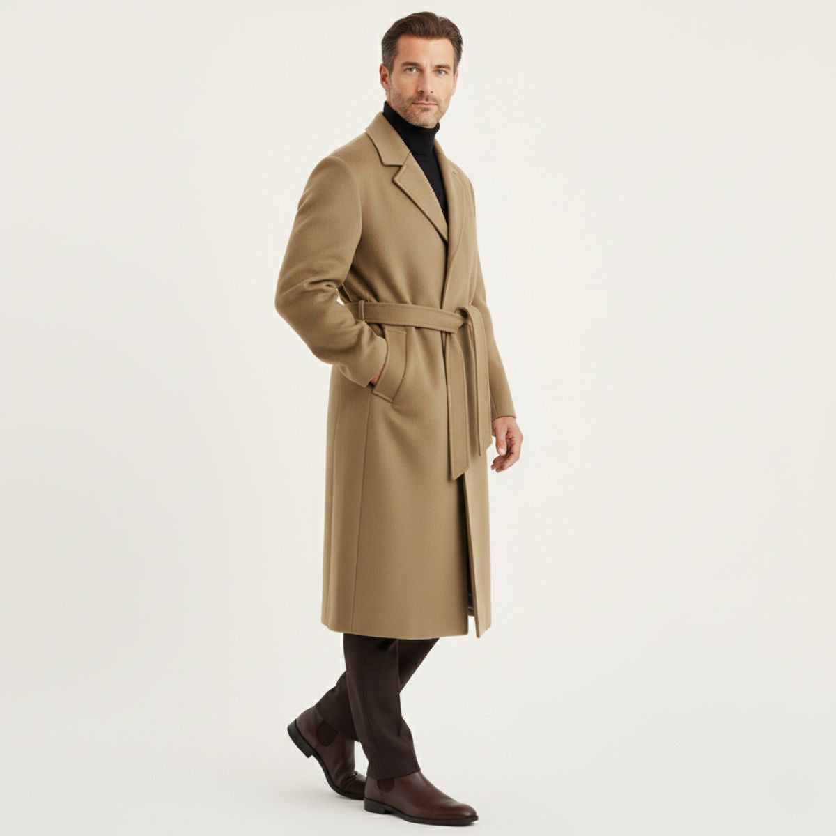 Callum | Men's Wool Overcoat Black Belted Long