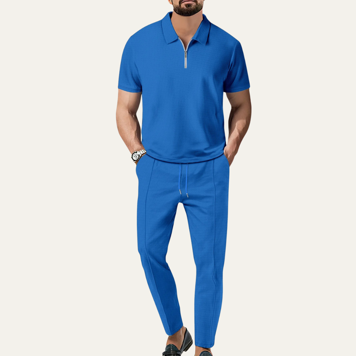 Dama Washington Ezra men's sweatsuit blue textured short sleeve zip polo - front view
