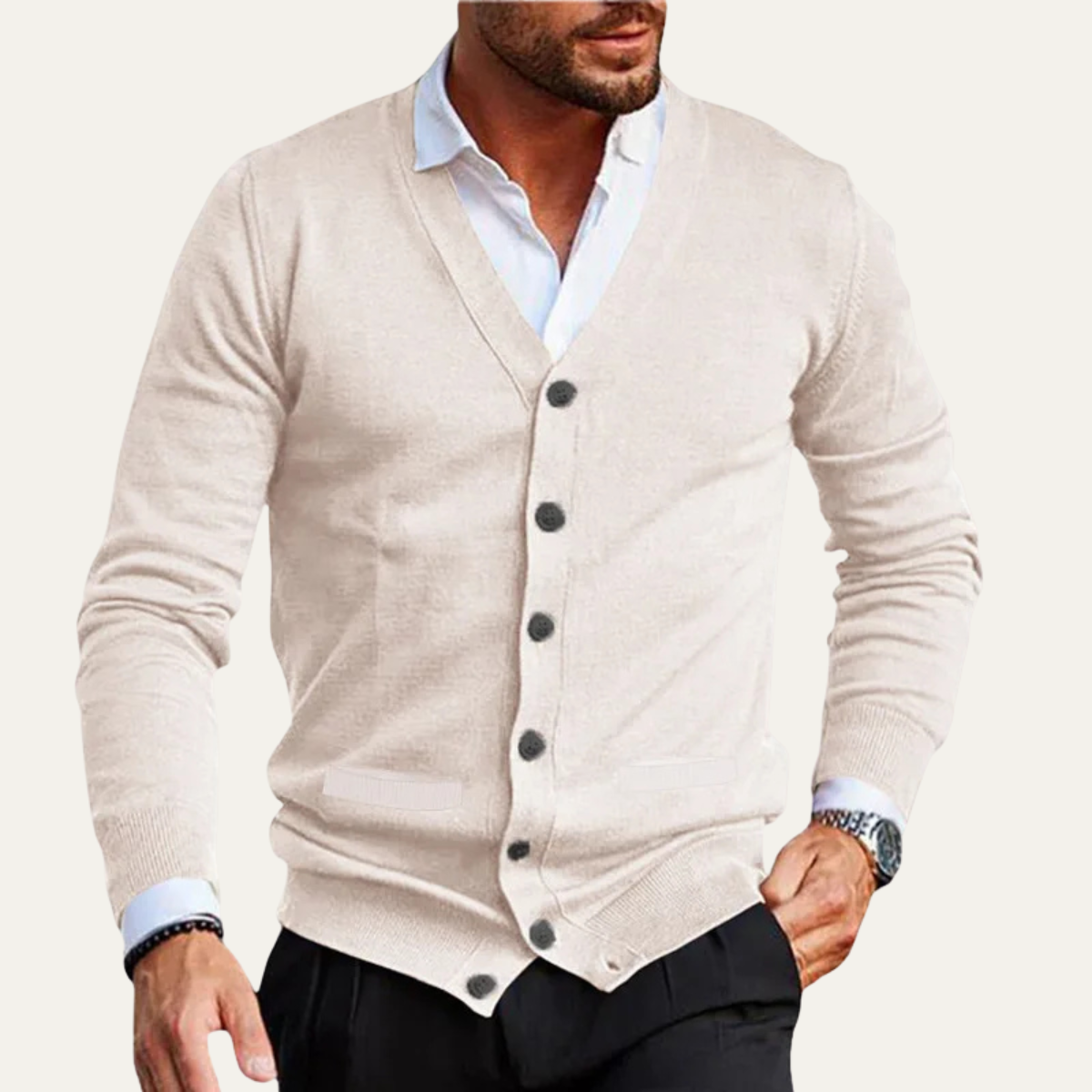 Leo | Men's Cardigan Cream V Neck Button Up Long Sleeve