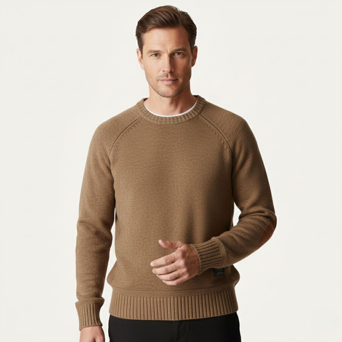 Beau | Men's Oversized Crew Neck Sweater Red Elbow Patches