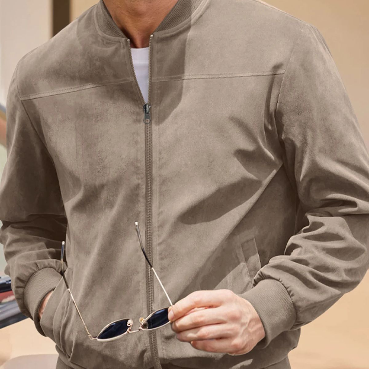 Marco | Men's Casual Suede Bomber Jacket Beige